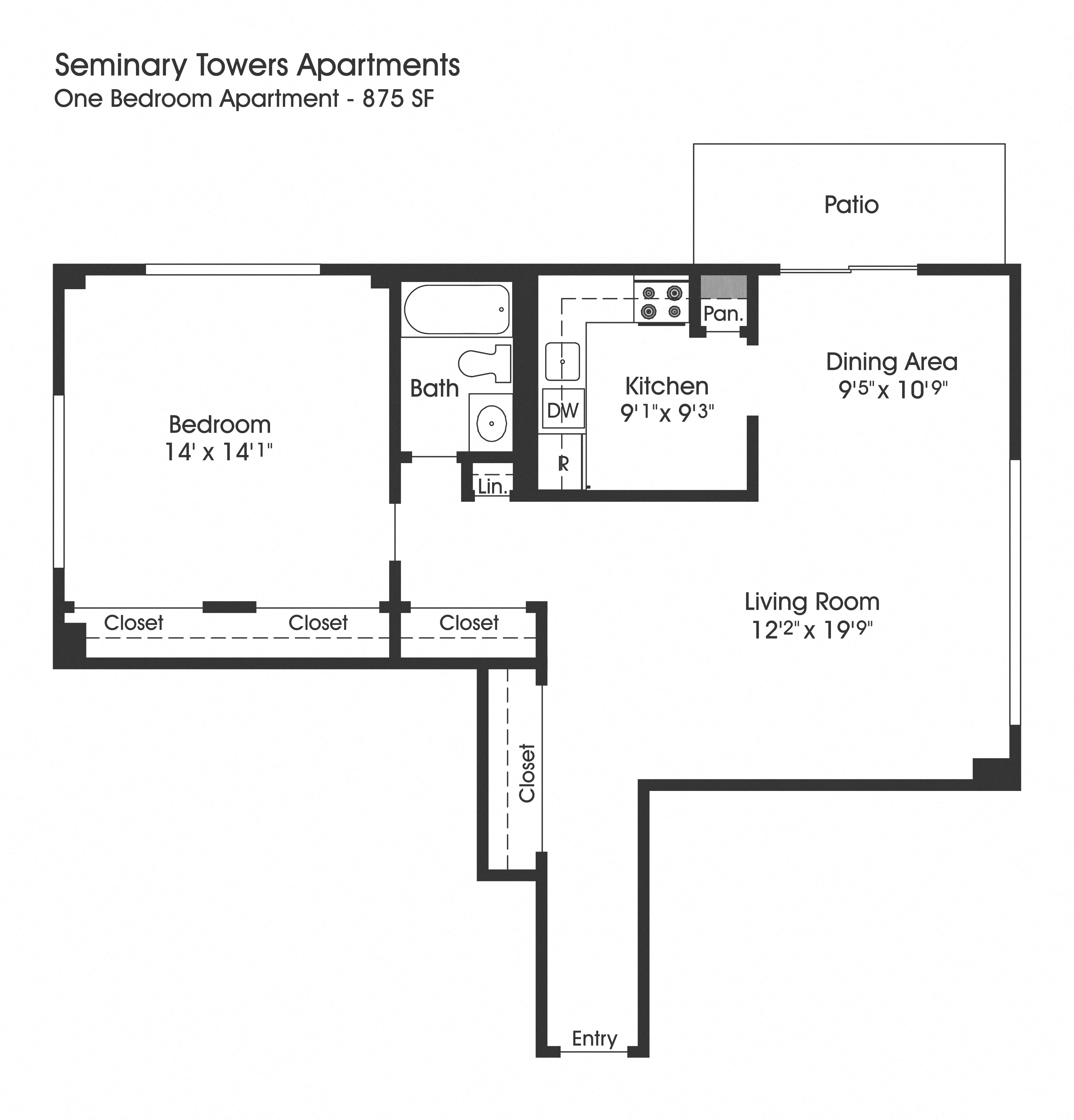 Floor plan for 1 bed, 1 bath, 855 sqft